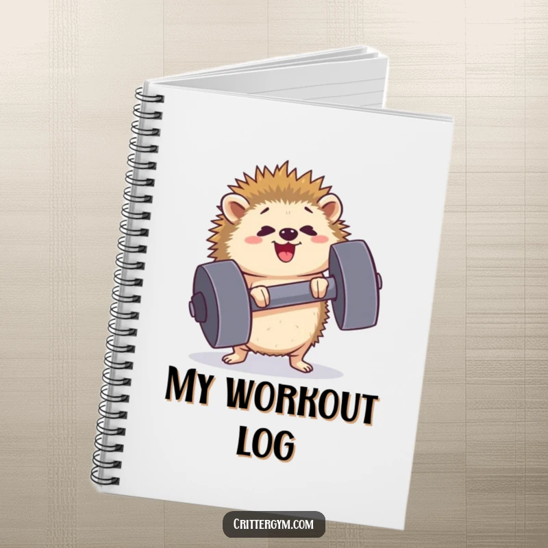 Funny determined hedgehog notebook cover lifting a comically large dumbbell, symbolizing effort and goal achievement, perfect for jotting down motivational thoughts.