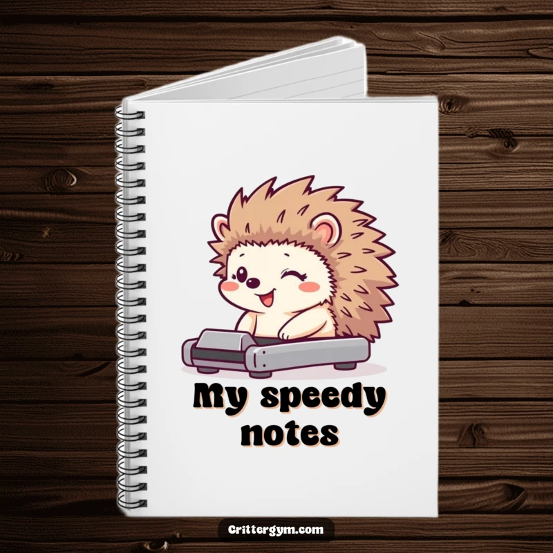 Funny hedgehog notebook featuring a tiny character with a huge grin on a miniature treadmill, its quills jiggling.