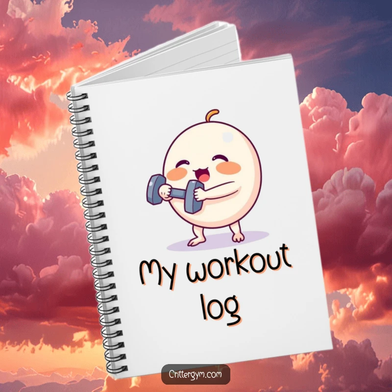 Funny Notebook: A small, round creature with rosy cheeks lifts a tiny dumbbell, illustrating a humorous workout.