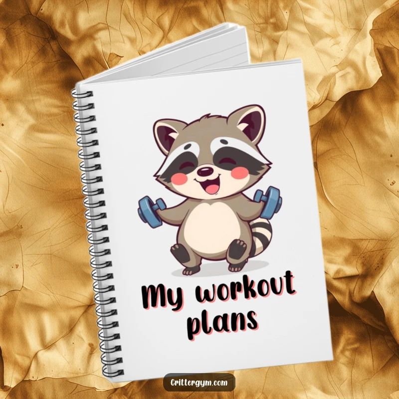 Funny Kawaii raccoon character giggling while lifting small barbells on the cover of this humorous notebook.