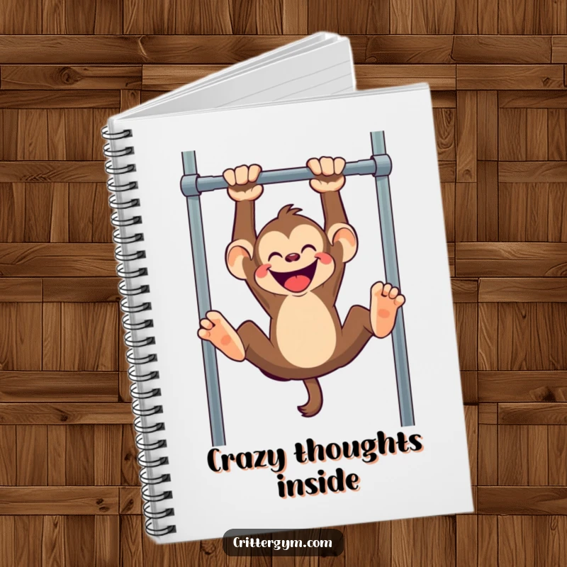 Funny monkey notebook, a mischievous monkey hanging upside down from a pull-up bar, for creative ideas.