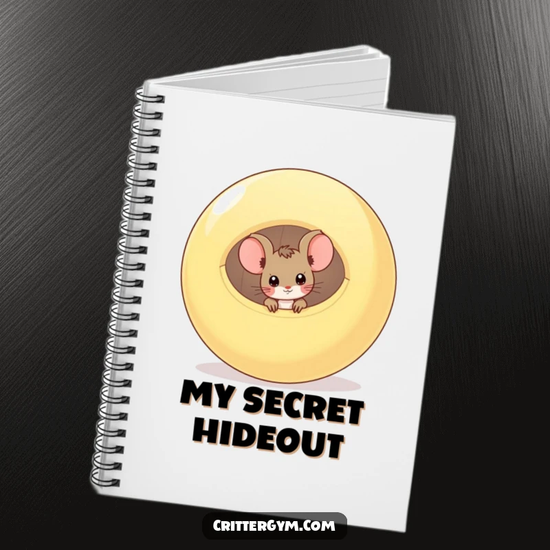 Funny notebook with a curious mouse peeking from a deflated exercise ball, ideal for jotting notes with a humorous, inquisitive touch.