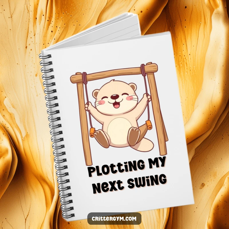Funny notebook with a playful otter character joyfully swinging on a miniature monkey bar, perfect for jotting notes.