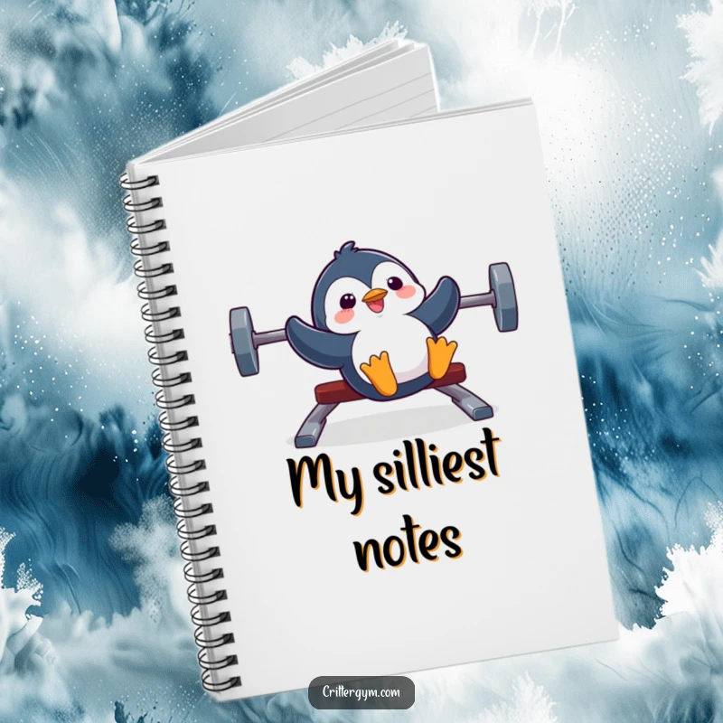 Funny notebook with a silly penguin sliding down a weight bench, filled with pure joy, ready to record goals.
