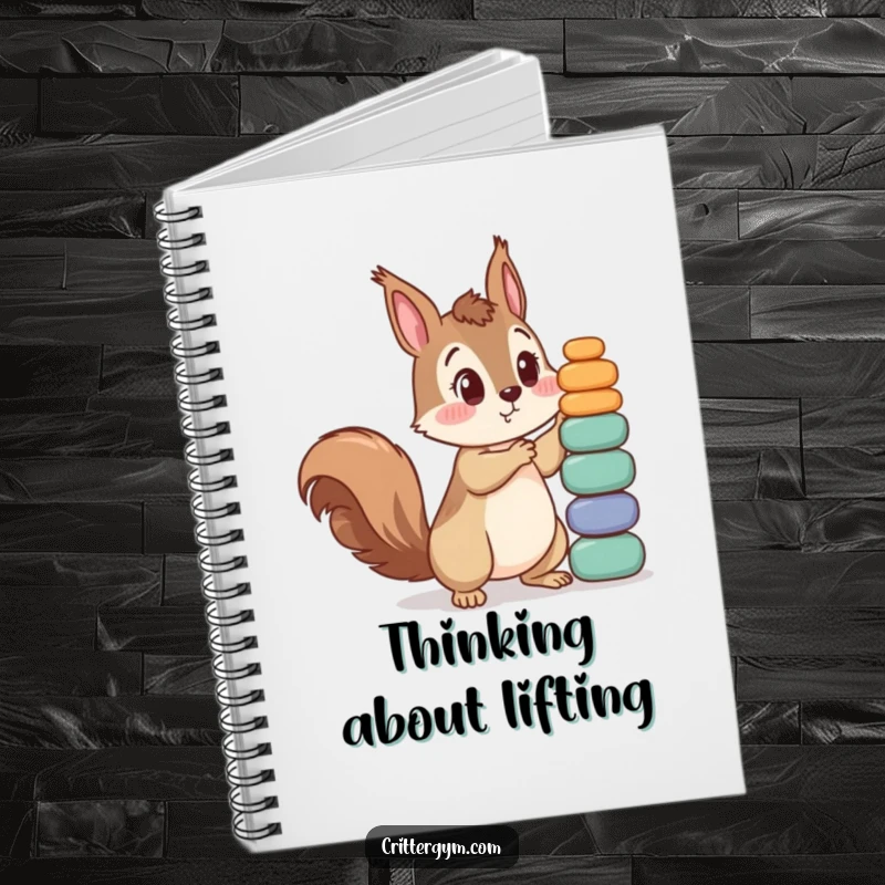 Funny notebook with a curious squirrel character surprised by its attempt to lift a massive stack of small weights. Great for planners.