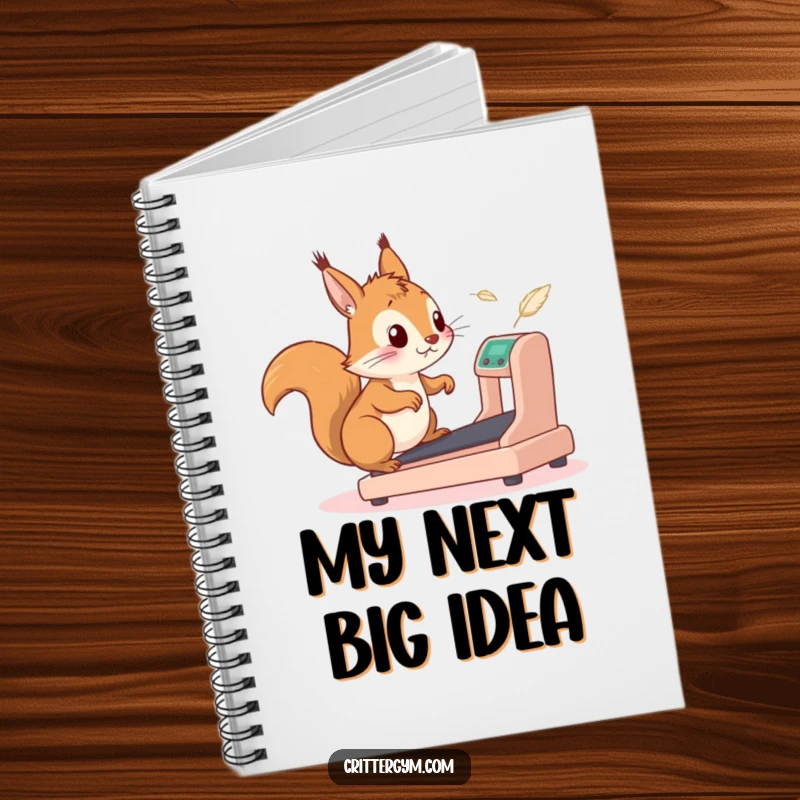 Funny squirrel notebook cover depicting a squirrel comically running on a miniature treadmill, surrounded by scattered feathers, symbolizing energetic brainstorming.