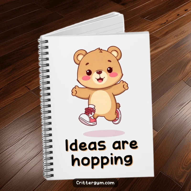 Funny notebook with a happy bear cub character in sneakers doing a playful hop. Ideal for journaling and notes.