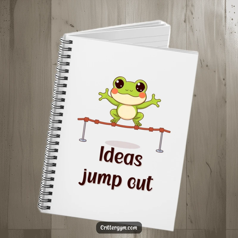 Funny notebook with a small, happy frog character leaping over tiny jump ropes with wide, excited eyes, for jotting notes.