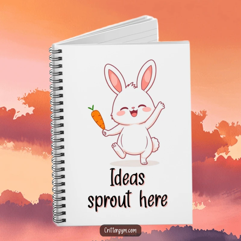 Funny notebook with a fluffy bunny in a stable yoga pose, balancing a miniature carrot, perfect for notes and creative brainstorming sessions.