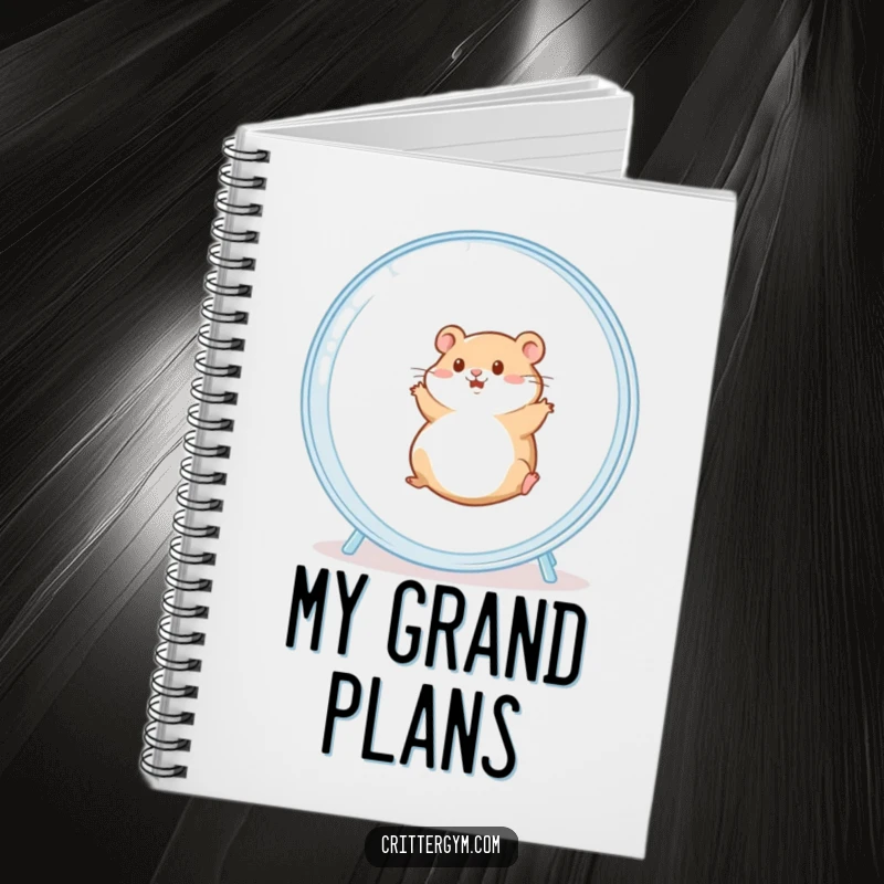 Funny notebook cover with a chubby hamster gleefully rolling in a large hamster wheel, inspiring creative and amusing writing.