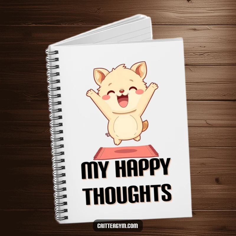 Funny Notebook: A fluffy animal characer bounces happily on a tiny yoga mat with a wide grin, illustrating funny wellness.