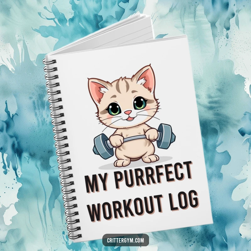 Funny proud kitten flexing after lifting tiny weights on a notebook cover, a funny gift.