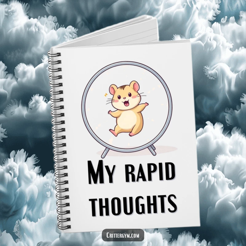 Funny Notebook: A small animal character in a blur of motion, running on a hamster wheel.