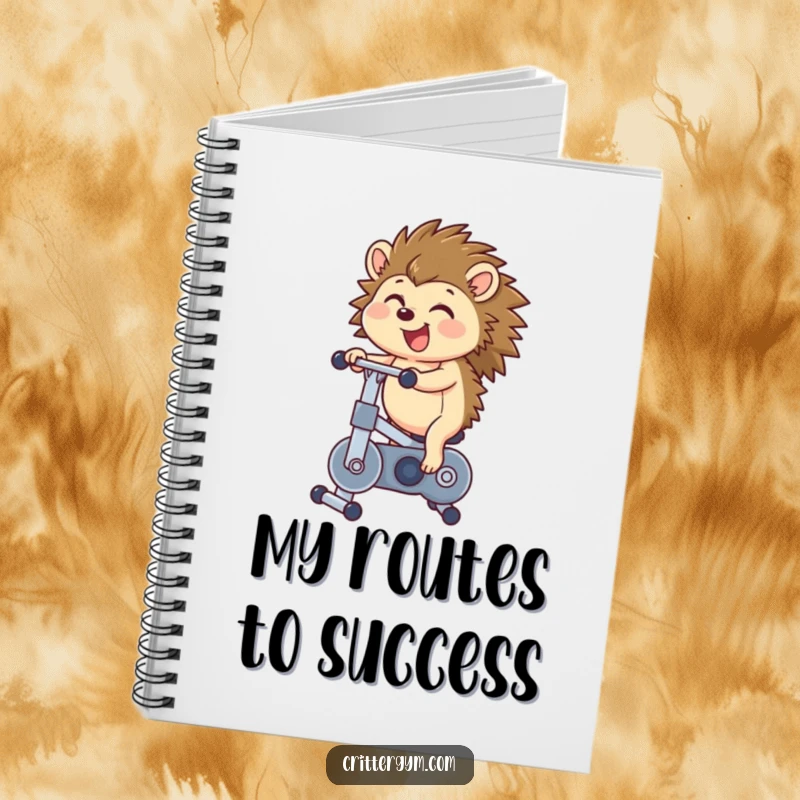 Funny hedgehog notebook cover showing a happy hedgehog joyfully bouncing on a miniature exercise bike, symbolizing energetic planning and ideas.