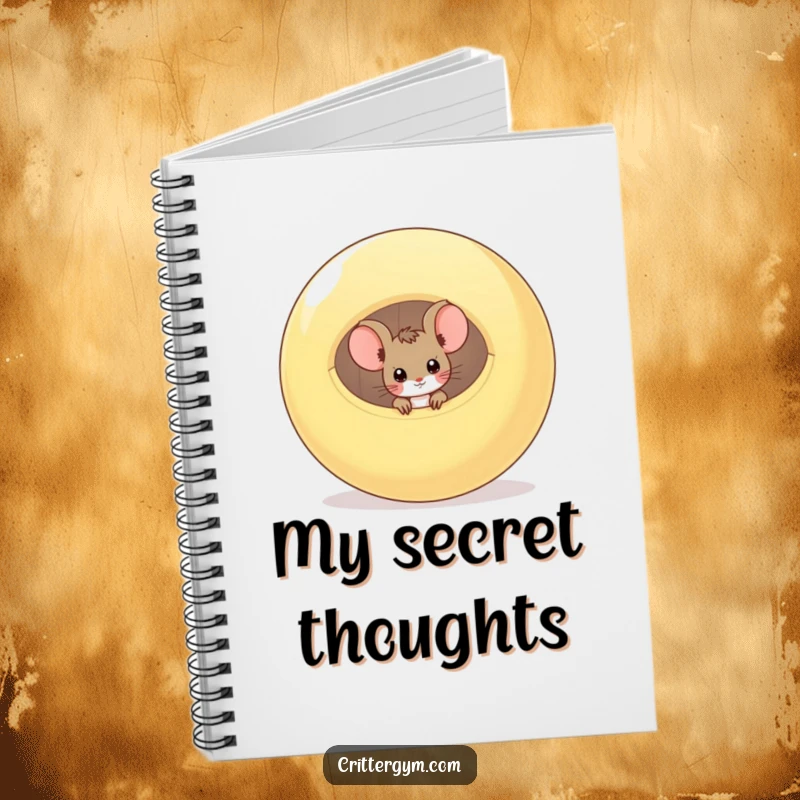 Funny curious mouse peeking from a large deflated exercise ball on a notebook cover, a funny gift.
