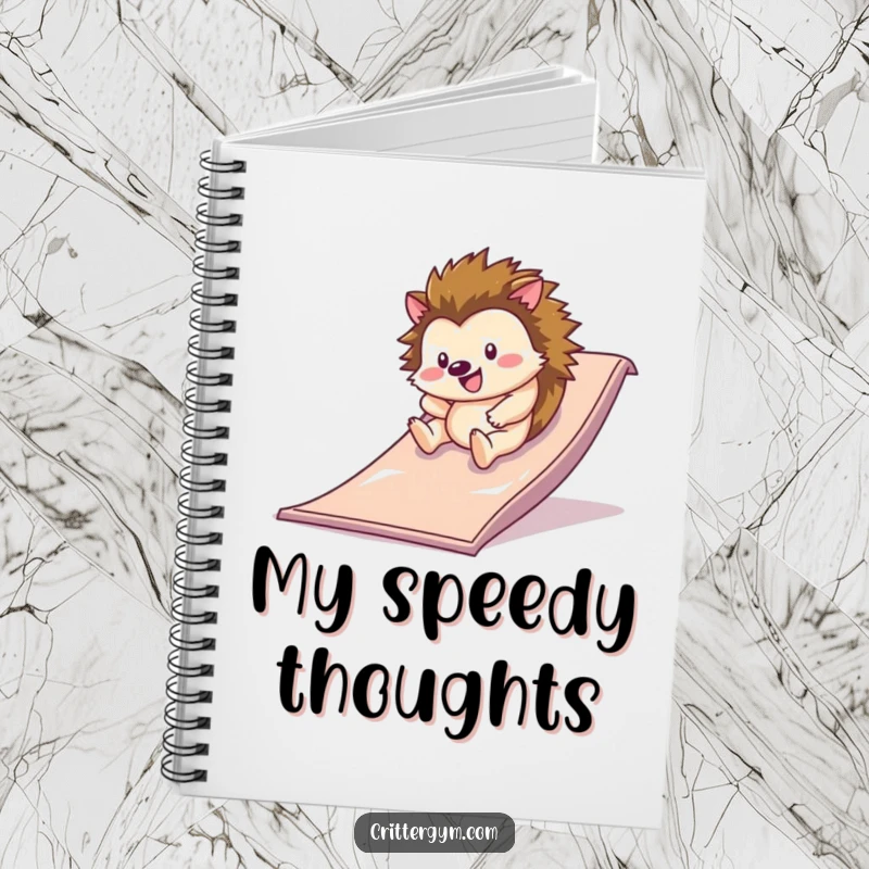 Funny happy hedgehog rolling down a slippery slide on a gym mat on a notebook cover, a funny gift.