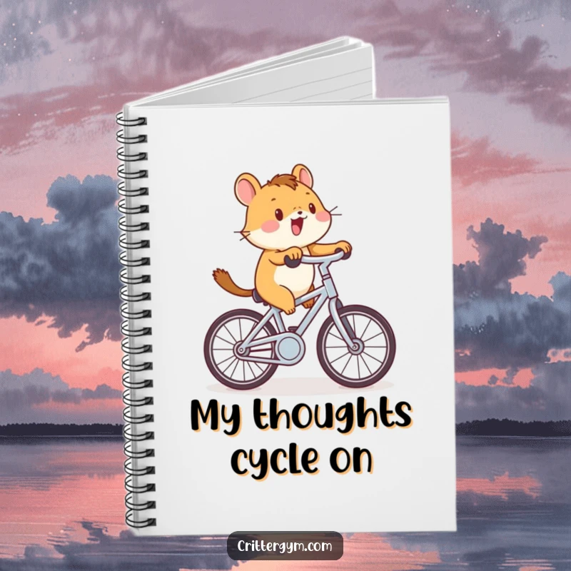 Funny critter cycling notebook with a small animal enthusiastically pedaling a tiny stationary bicycle, great for jotting down inspired thoughts.