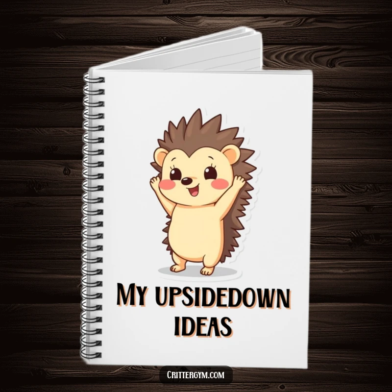 Funny Hedgehog Notebook: A happy hedgehog character performs a handstand with quills pointing upwards, perfect for jotting down ideas.