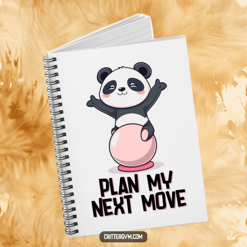 Funny kawaii panda character balancing on a yoga ball on the cover of a notebook, ideal for a funny gift.