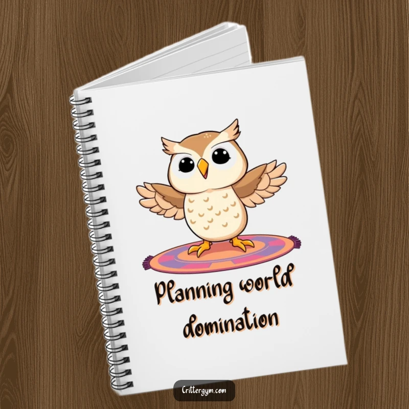 Funny owl notebook cover showing a beaming owl in a challenging split on a mat, symbolizing creative expansion and flexibility.