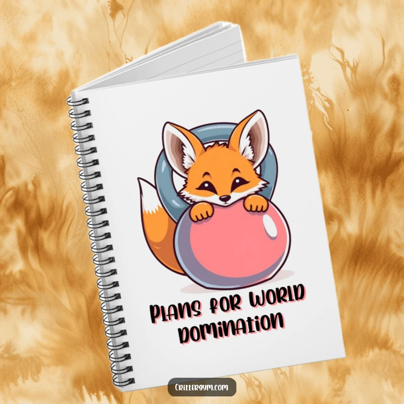 Funny notebook cover with a curious fox peeking from behind a kettlebell, perfect for notes and plans.