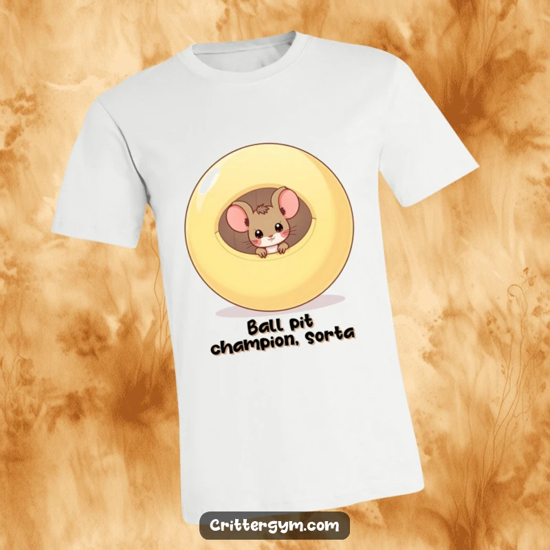 Funny t-shirt with a curious mouse peeking out of a deflated exercise ball, representing unexpected fitness adventures and humor.