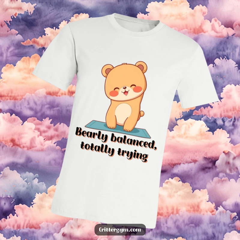 Funny giggling bear cub struggling with a handstand on a yoga mat, printed on a t-shirt, a funny gift.