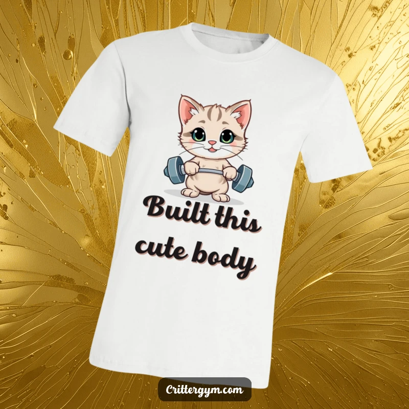 Funny proud kitten flexing muscles after a rep with tiny weights on a t-shirt, a funny gift.