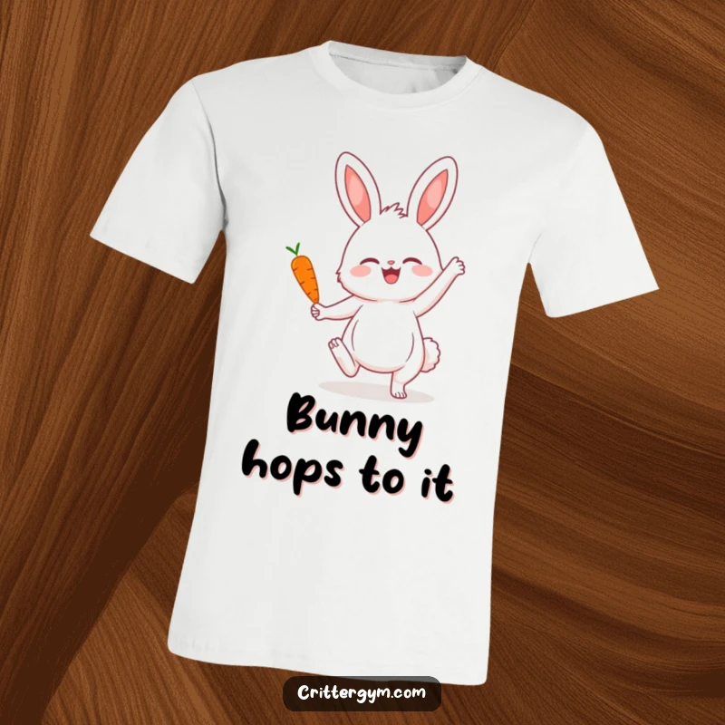 Funny t-shirt print of a fluffy bunny in a dynamic yoga pose, skillfully balancing a small carrot, offering a comical and inspiring sight.