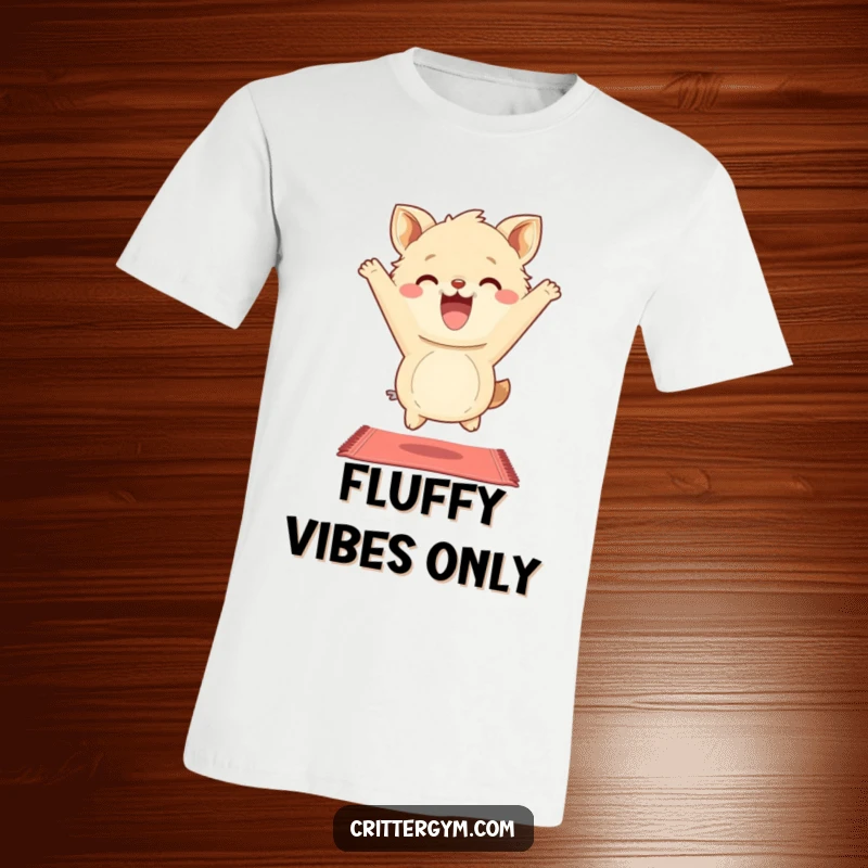 Funny T-Shirt: A fluffy animal character enthusiastically bounces on a miniature yoga mat with a wide grin, showing funny wellness.