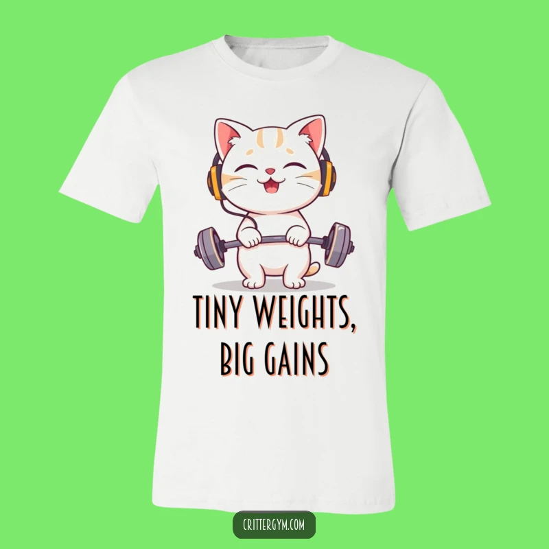 Funny Cat Headphones Lifting T-Shirt: Giggling Fitness Character Tee