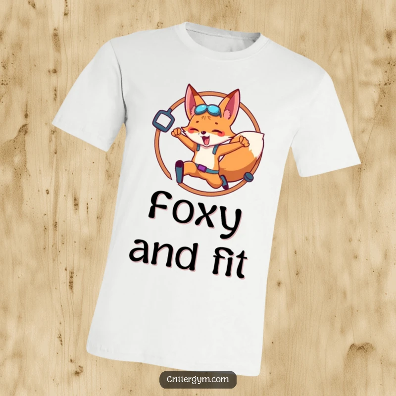 Funny Fox T-Shirt: An agile fox energetically leaps through a hoop adorned with dumbbells and other gym accessories.