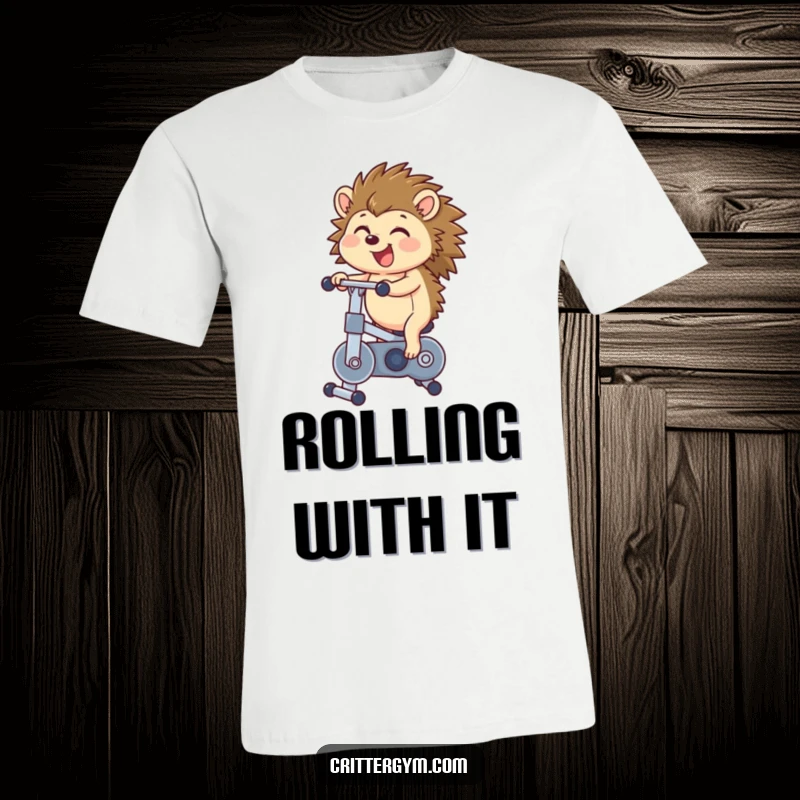 Funny hedgehog t-shirt featuring a happy hedgehog bouncing energetically on a tiny exercise bike, radiating pure joy and speed.