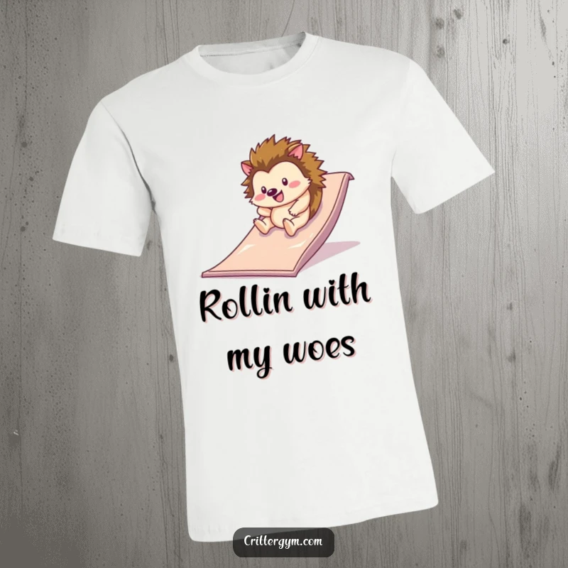 Funny t-shirt with a happy hedgehog rolling down a slippery slide on a gym mat, representing carefree fun and fitness.