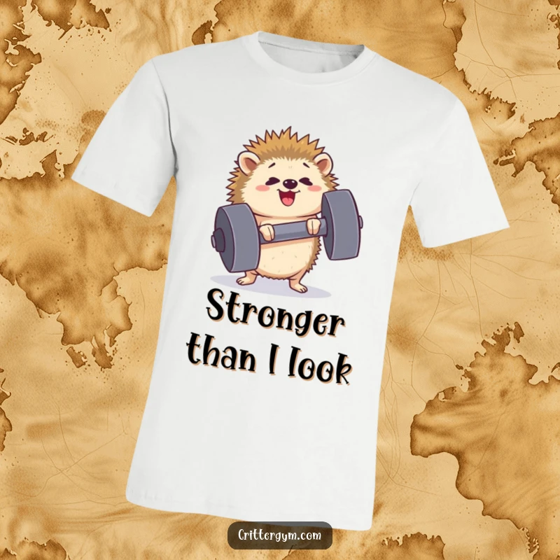 Funny determined hedgehog t-shirt lifting an oversized dumbbell with a strained yet happy face, showcasing incredible strength, ideal for a funny gift.
