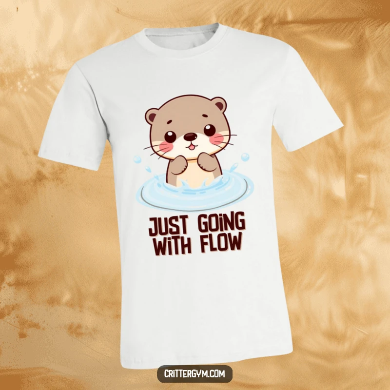 Funny Kawaii otter character joyfully splashing in a miniature pool, a humorous and cute summer t-shirt.