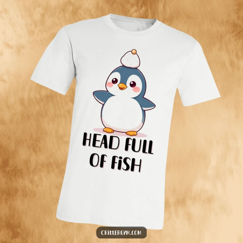 Funny Kawaii penguin character balancing a small weight on its head, a humorous and cute t-shirt design.