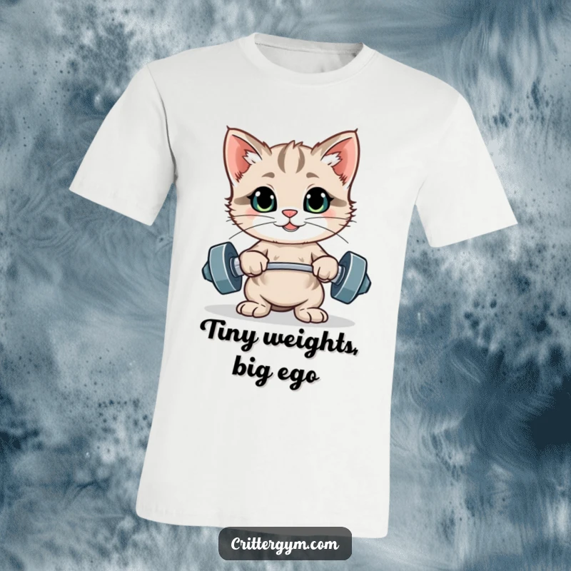 Funny t-shirt showcasing a proud kitten flexing after lifting tiny weights, embodying workout success and playful humor.