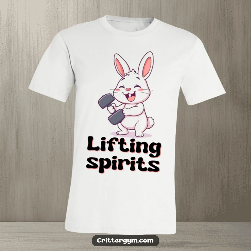 Funny rabbit gym t-shirt showcasing a smiling rabbit character comically failing to lift a tiny dumbbell, perfect for workout laughs.