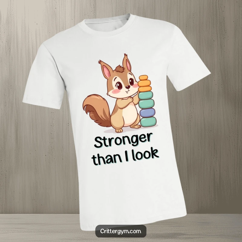Funny t-shirt showcasing a surprised squirrel character attempting to lift an enormous pile of small weights, perfect for workout humor.