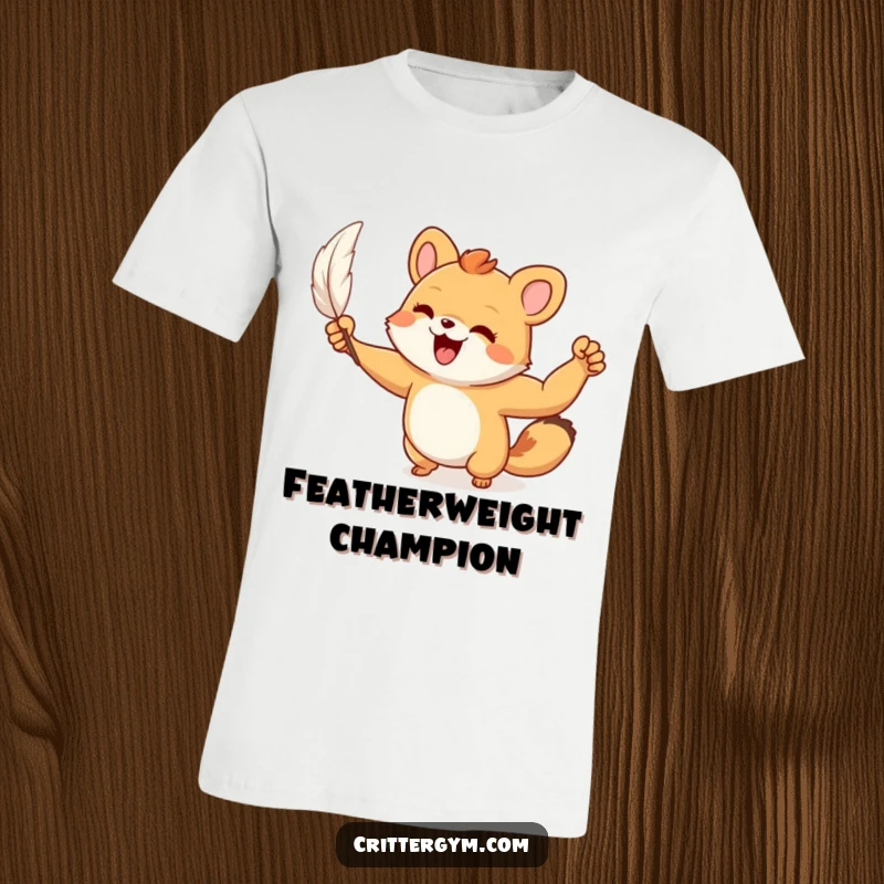 Funny T-Shirt: A small animal character joyfully flexes a surprisingly muscular, tiny arm after lifting a feather, showing funny strength.