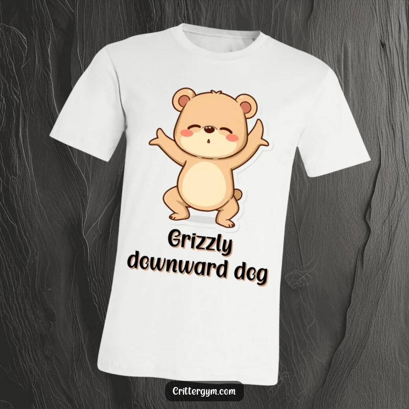 Funny Yoga Bear T-Shirt: A determined bear hilariously struggles to hold a yoga pose, comically showing the challenges of exercise.