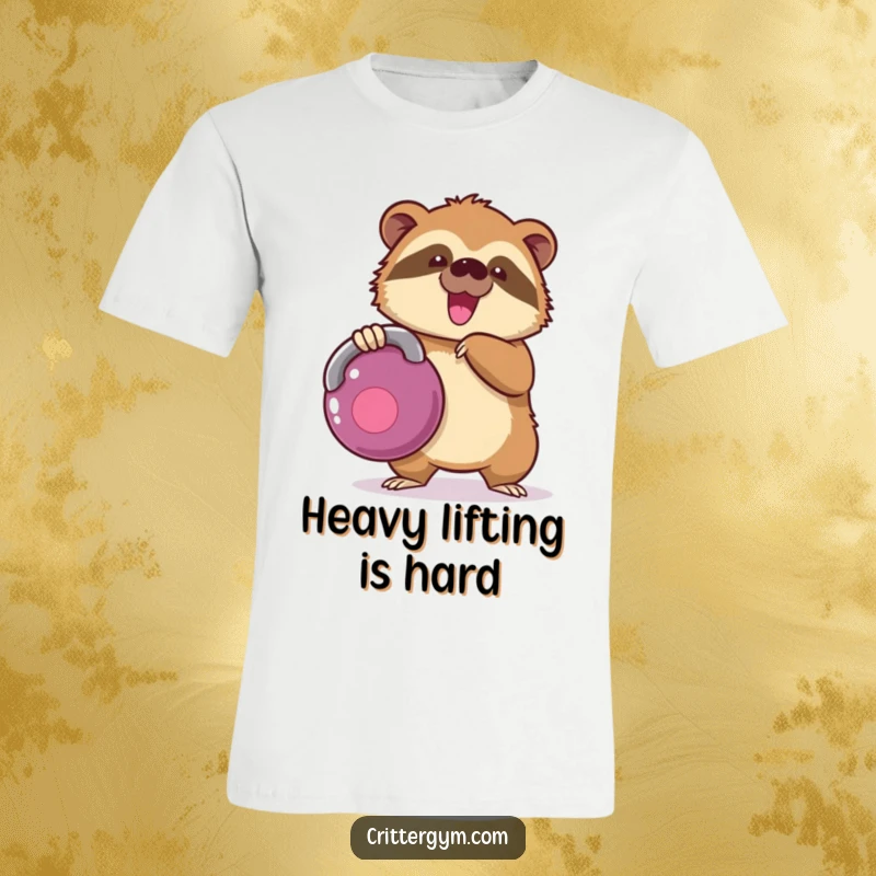 Funny kawaii sloth character struggling to hold a kettlebell on a t-shirt, depicting comical effort, a great funny gift.
