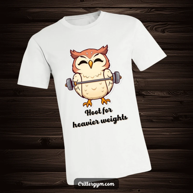 Funny t-shirt featuring an overjoyed owl precariously balancing a tiny barbell on its beak.