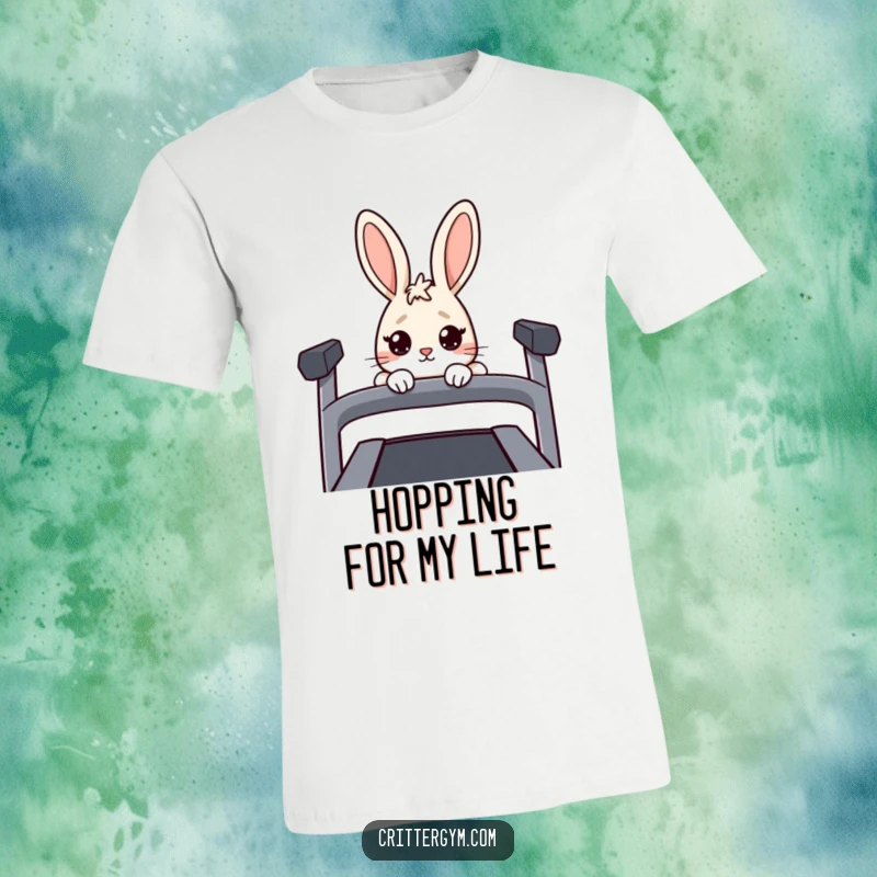 Funny Nervous Rabbit T-Shirt: A nervous rabbit peeks over a treadmill, showcasing humorous workout avoidance.