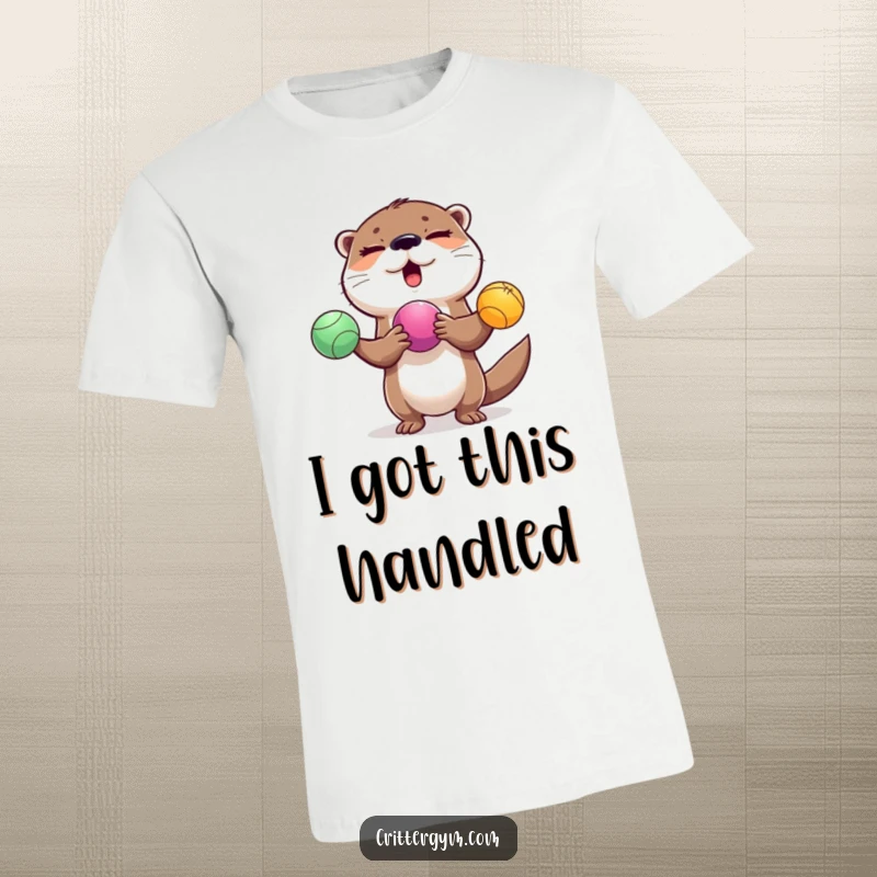 Funny winking otter juggling colorful exercise balls on a t-shirt, a hilarious and fun design.