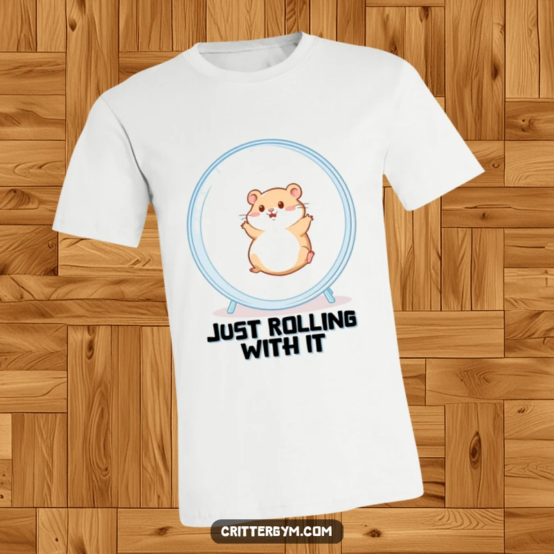 Funny t-shirt with a chubby hamster character gleefully spinning inside a huge transparent hamster wheel, radiating pure, unadulterated fun.