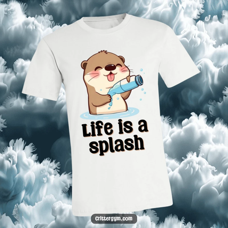 Funny Playful Otter T-Shirt: A happy otter splashes water on its face, showcasing playful refreshment.