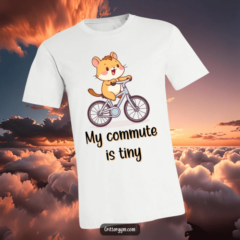 Funny critter cycling t-shirt with a small animal vigorously pedaling a tiny stationary bike, full of determination and playful effort.