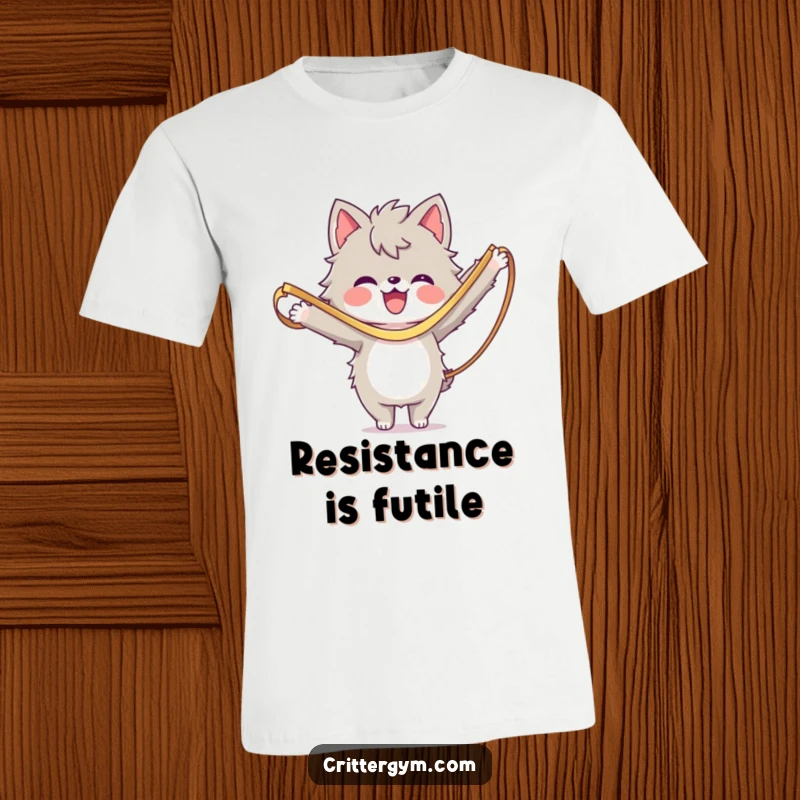 Funny T-Shirt: A happy furry character in a wide resistance band stretch, capturing the humor of exercise.